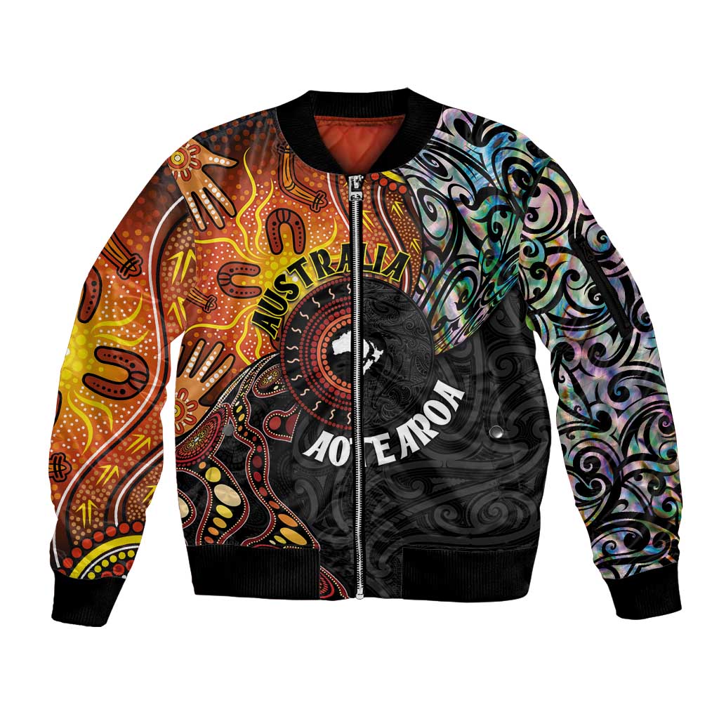 New Zealand and Australia Together Sleeve Zip Bomber Jacket Maori Tattoo Paua Shell mix Aboriginal Pattern LT03 Unisex Black - Polynesian Pride
