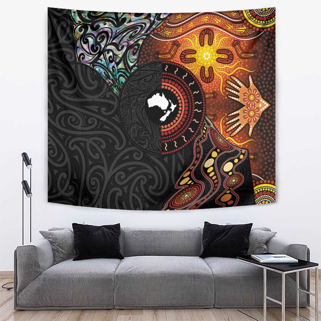 New Zealand and Australia Together Tapestry Maori Tattoo Paua Shell mix Aboriginal Pattern LT03 Black - Polynesian Pride