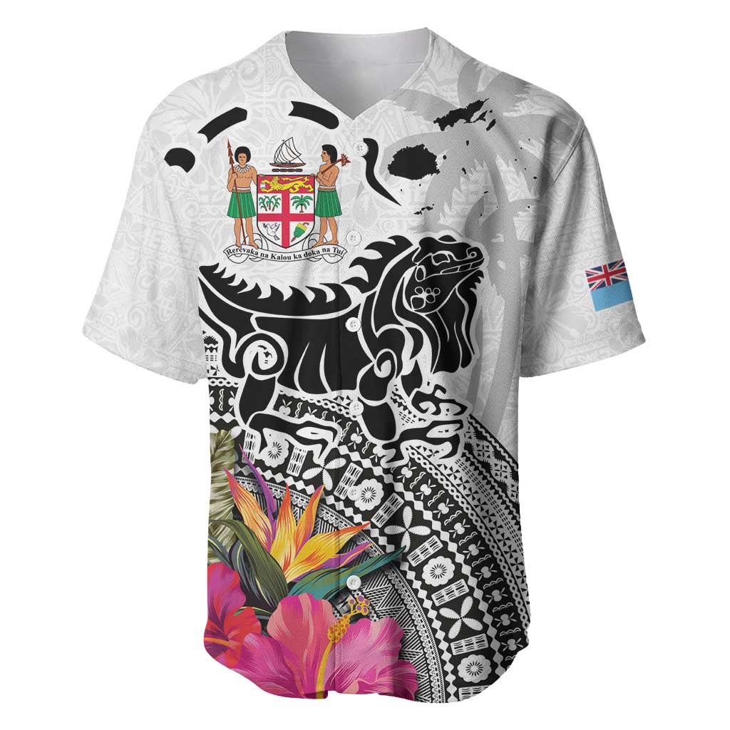Fiji Iguana Baseball Jersey Tapa Tribal Tattoo and Hibiscus LT03 White - Polynesian Pride