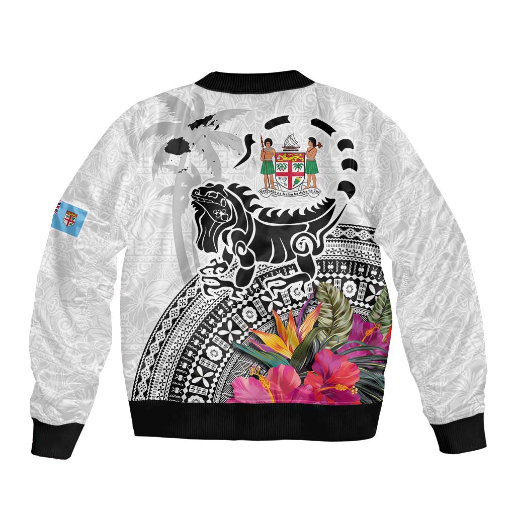 Fiji Iguana Bomber Jacket Tapa Tribal Tattoo and Hibiscus