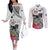 Fiji Iguana Couples Matching Off The Shoulder Long Sleeve Dress and Long Sleeve Button Shirt Tapa Tribal Tattoo and Hibiscus