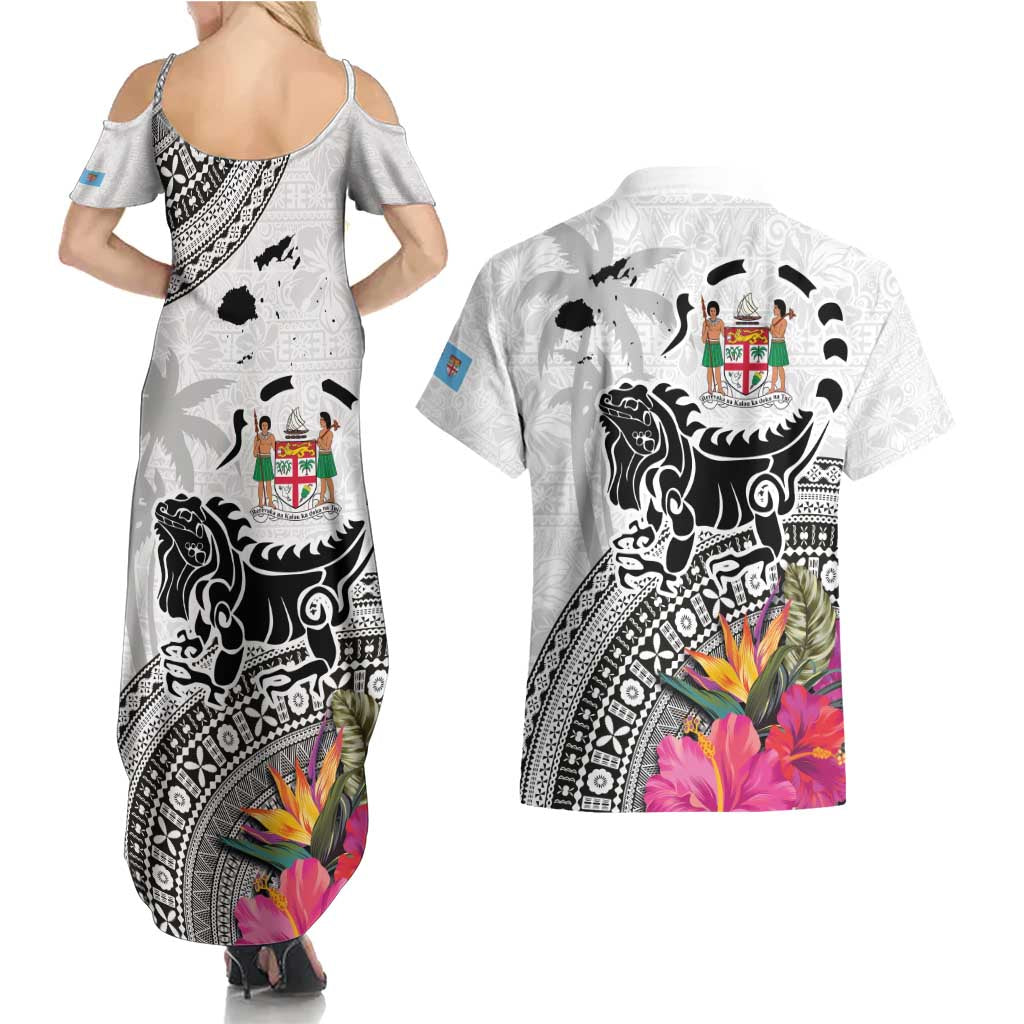 Fiji Iguana Couples Matching Summer Maxi Dress and Hawaiian Shirt Tapa Tribal Tattoo and Hibiscus