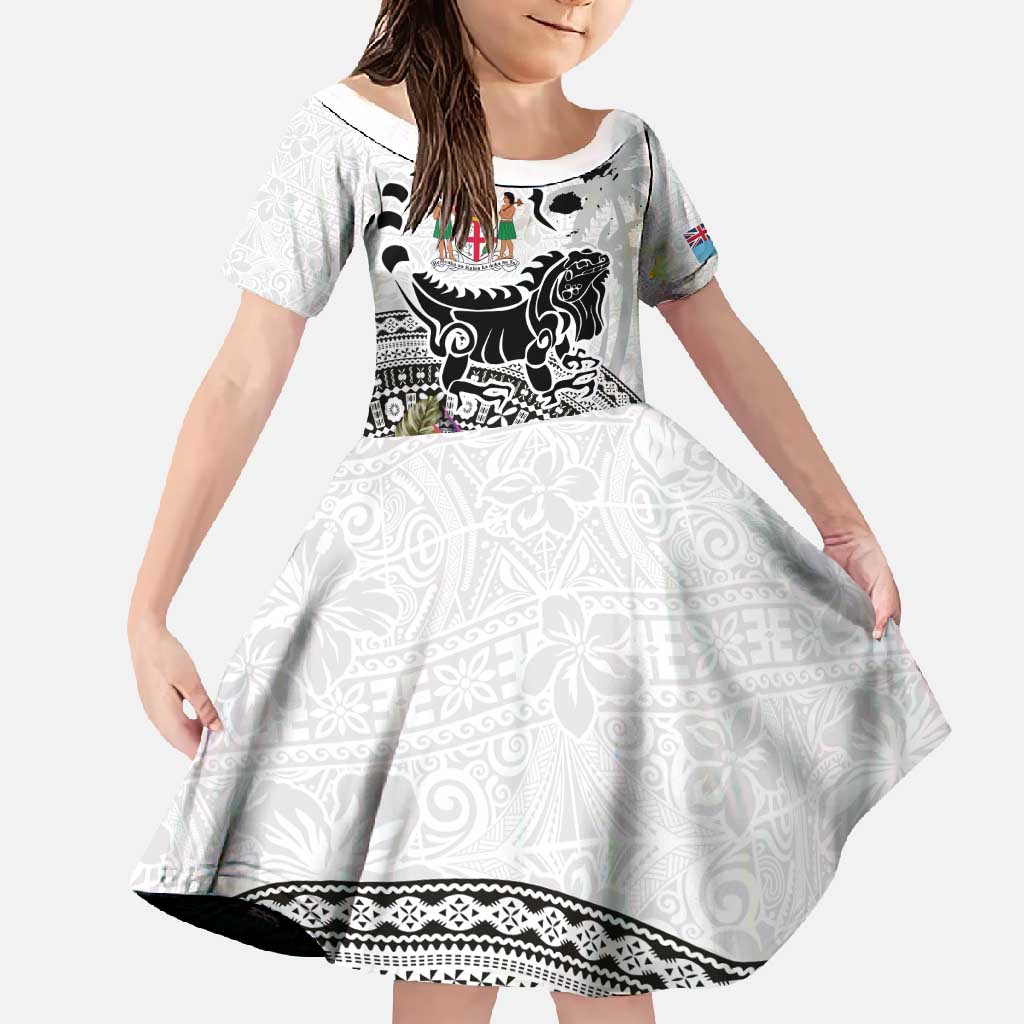 Fiji Iguana Family Matching Long Sleeve Bodycon Dress and Hawaiian Shirt Tapa Tribal Tattoo and Hibiscus LT03 Daughter's Dress White - Polynesian Pride
