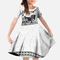 Fiji Iguana Family Matching Long Sleeve Bodycon Dress and Hawaiian Shirt Tapa Tribal Tattoo and Hibiscus LT03 Daughter's Dress White - Polynesian Pride