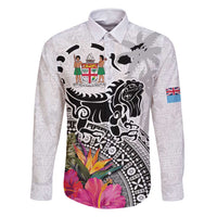Fiji Iguana Family Matching Mermaid Dress and Hawaiian Shirt Tapa Tribal Tattoo and Hibiscus LT03 Dad's Shirt - Long Sleeve White - Polynesian Pride