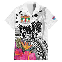 Fiji Iguana Family Matching Short Sleeve Bodycon Dress and Hawaiian Shirt Tapa Tribal Tattoo and Hibiscus LT03 Dad's Shirt - Short Sleeve White - Polynesian Pride