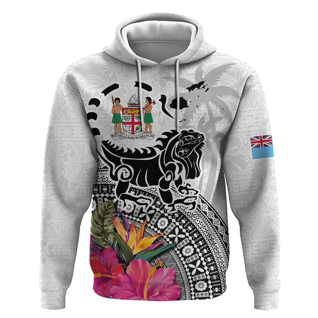 Fiji Iguana Hoodie Tapa Tribal Tattoo and Hibiscus LT03 Pullover Hoodie White - Polynesian Pride