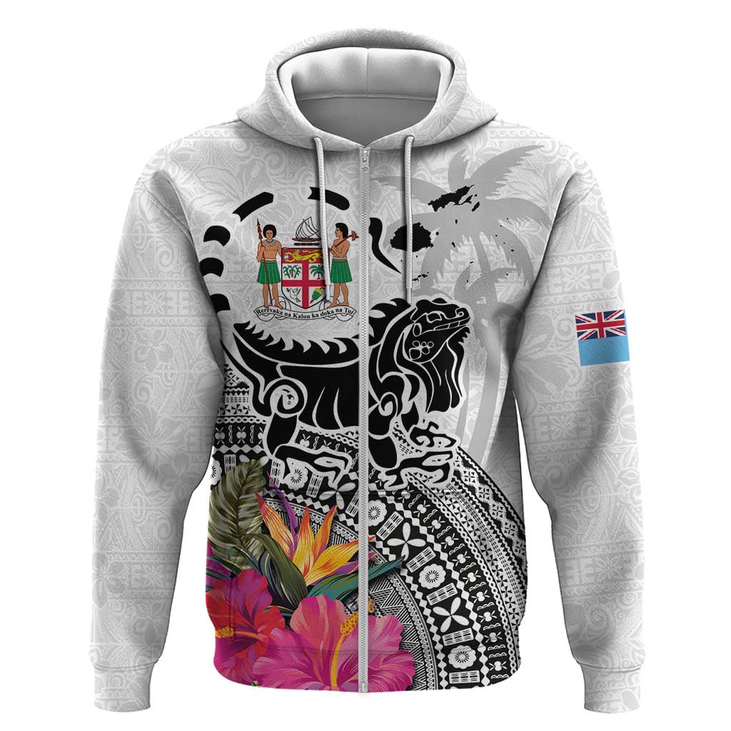 Fiji Iguana Hoodie Tapa Tribal Tattoo and Hibiscus LT03 Zip Hoodie White - Polynesian Pride