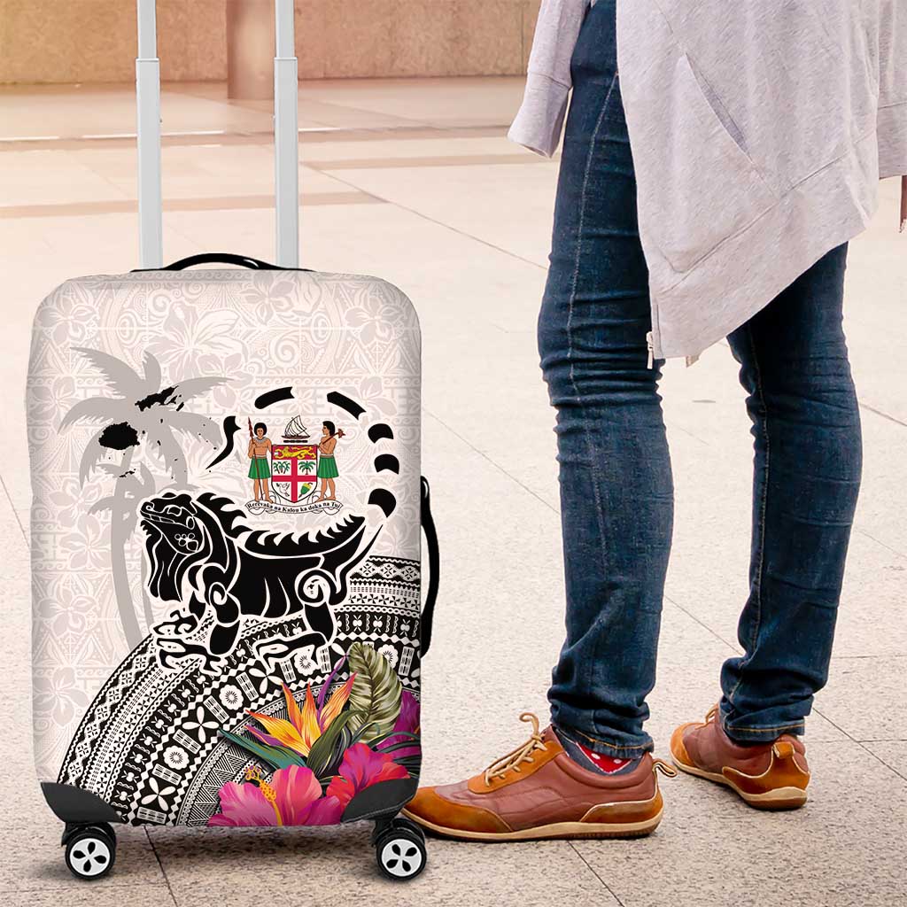 Fiji Iguana Luggage Cover Tapa Tribal Tattoo and Hibiscus LT03 White - Polynesian Pride