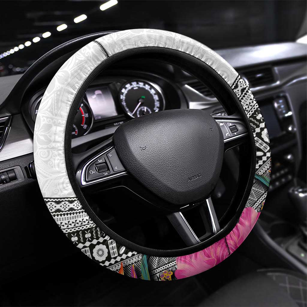Fiji Iguana Steering Wheel Cover Tapa Tribal Tattoo and Hibiscus LT03 Universal Fit White - Polynesian Pride