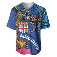Fiji and Australia Together Baseball Jersey Aboriginal Kangaroo and Tapa Tribal Hibiscus LT03 Blue - Polynesian Pride