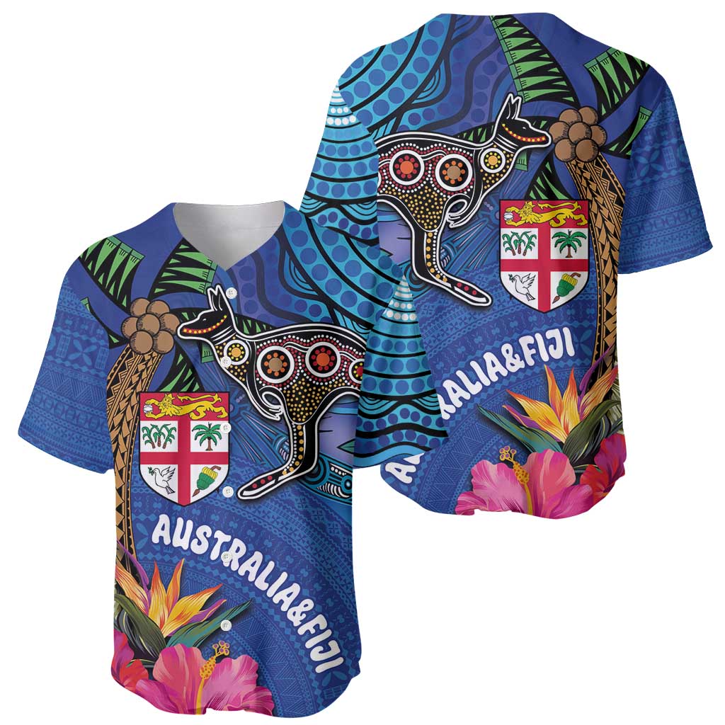 Fiji and Australia Together Baseball Jersey Aboriginal Kangaroo and Tapa Tribal Hibiscus LT03 - Polynesian Pride