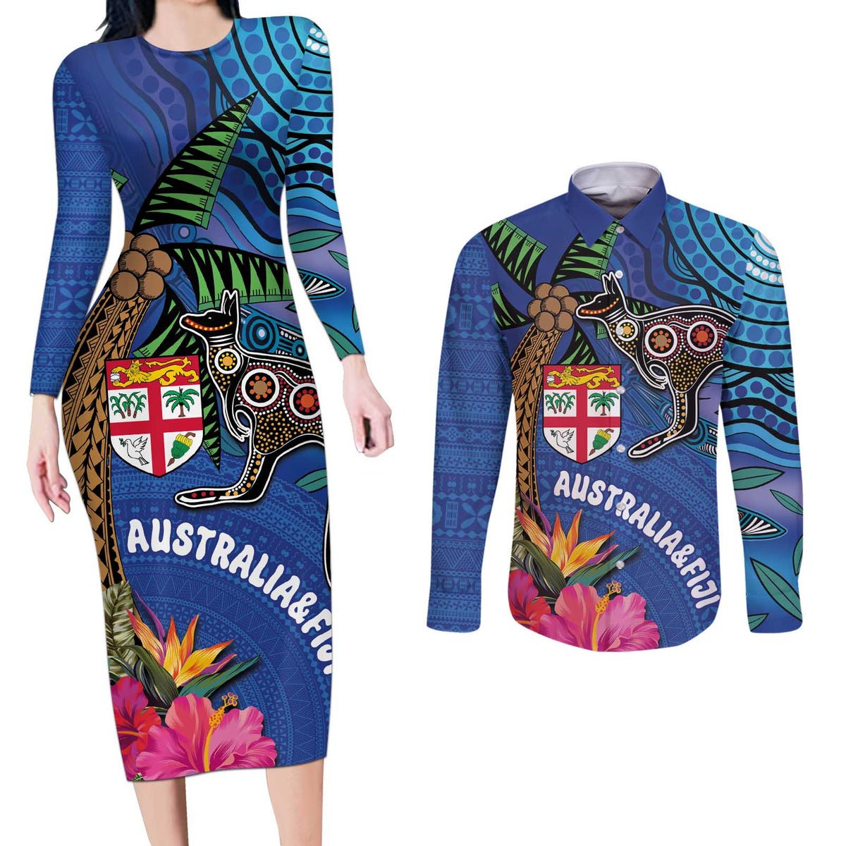 Fiji and Australia Together Couples Matching Long Sleeve Bodycon Dress and Long Sleeve Button Shirt Aboriginal Kangaroo and Tapa Tribal Hibiscus