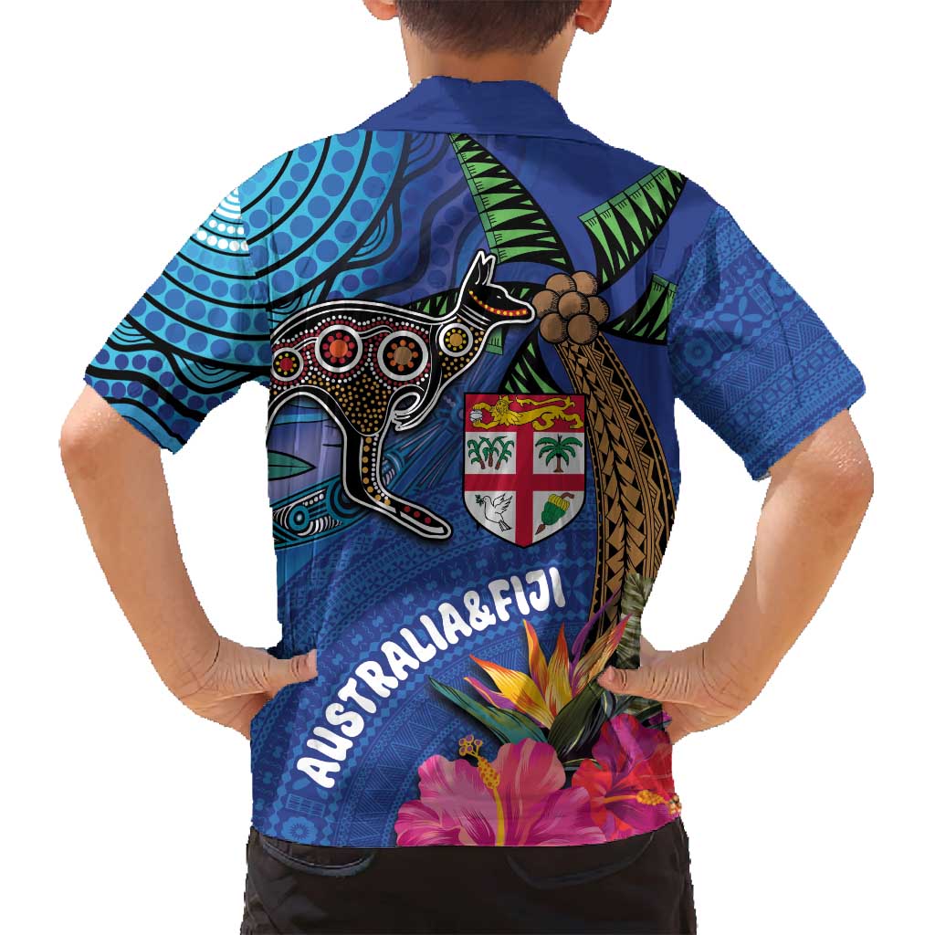 Fiji and Australia Together Family Matching Long Sleeve Bodycon Dress and Hawaiian Shirt Aboriginal Kangaroo and Tapa Tribal Hibiscus LT03 - Polynesian Pride