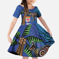 Fiji and Australia Together Family Matching Mermaid Dress and Hawaiian Shirt Aboriginal Kangaroo and Tapa Tribal Hibiscus LT03 Daughter's Dress Blue - Polynesian Pride