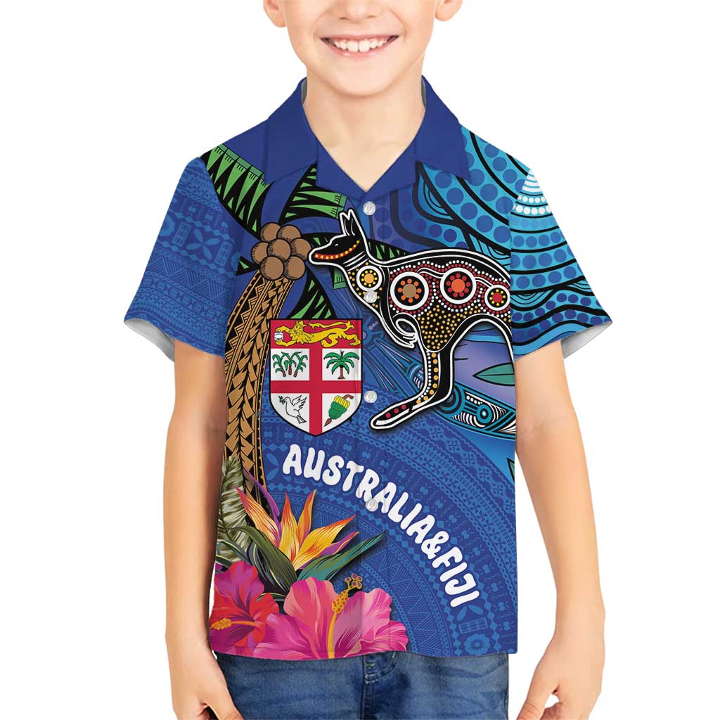 Fiji and Australia Together Family Matching Off Shoulder Maxi Dress and Hawaiian Shirt Aboriginal Kangaroo and Tapa Tribal Hibiscus