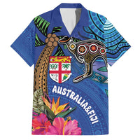 Fiji and Australia Together Family Matching Tank Maxi Dress and Hawaiian Shirt Aboriginal Kangaroo and Tapa Tribal Hibiscus LT03 Dad's Shirt - Short Sleeve Blue - Polynesian Pride