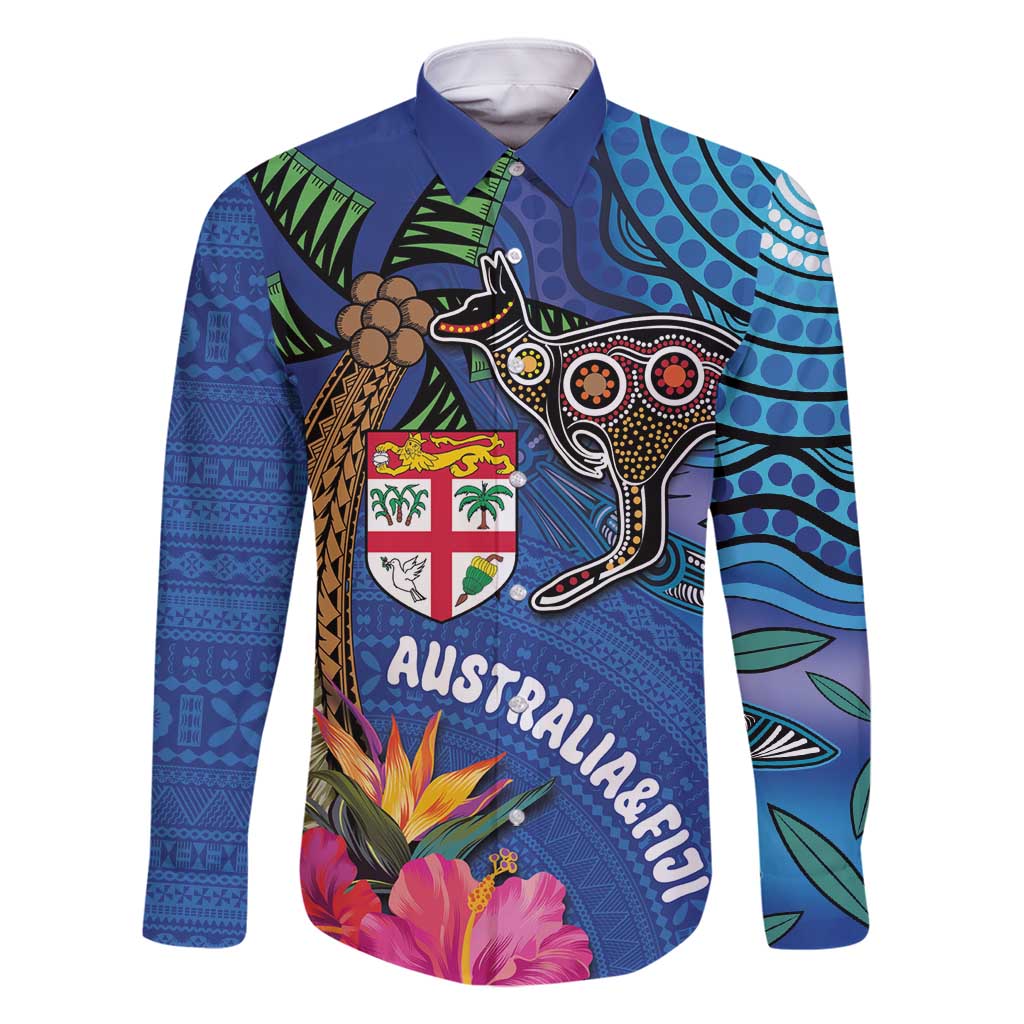 Fiji and Australia Together Family Matching Tank Maxi Dress and Hawaiian Shirt Aboriginal Kangaroo and Tapa Tribal Hibiscus LT03 Dad's Shirt - Long Sleeve Blue - Polynesian Pride