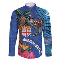 Fiji and Australia Together Family Matching Tank Maxi Dress and Hawaiian Shirt Aboriginal Kangaroo and Tapa Tribal Hibiscus LT03 Dad's Shirt - Long Sleeve Blue - Polynesian Pride