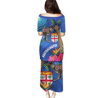 Fiji and Australia Together Puletasi Aboriginal Kangaroo and Tapa Tribal Hibiscus
