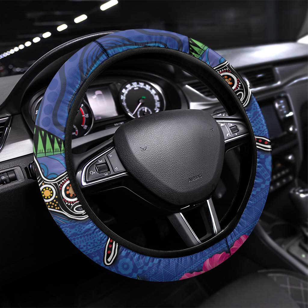 Fiji and Australia Together Steering Wheel Cover Aboriginal Kangaroo and Tapa Tribal Hibiscus LT03 Universal Fit Blue - Polynesian Pride