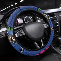 Fiji and Australia Together Steering Wheel Cover Aboriginal Kangaroo and Tapa Tribal Hibiscus LT03 Universal Fit Blue - Polynesian Pride