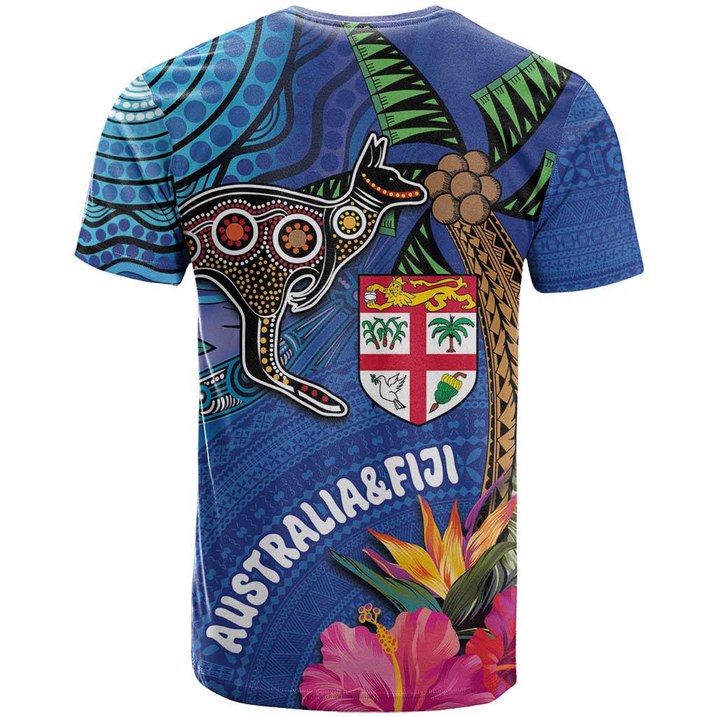 Fiji and Australia Together T Shirt Aboriginal Kangaroo and Tapa Tribal Hibiscus