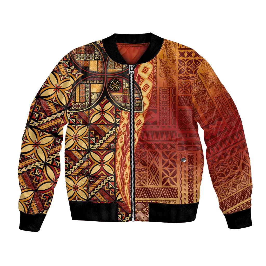 Samoan Pacific Tribal Flower Geometric Art Tattoos Bomber Jacket Siapo Pattern Flame Sunset LT03 Unisex Red - Polynesian Pride