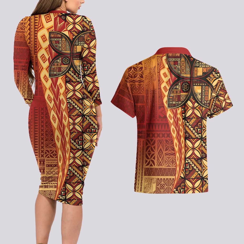 Samoan Pacific Tribal Flower Geometric Art Tattoos Couples Matching Long Sleeve Bodycon Dress and Hawaiian Shirt Siapo Pattern Flame Sunset - Polynesian Pride