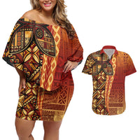 Samoan Pacific Tribal Flower Geometric Art Tattoos Couples Matching Off Shoulder Short Dress and Hawaiian Shirt Siapo Pattern Flame Sunset - Polynesian Pride