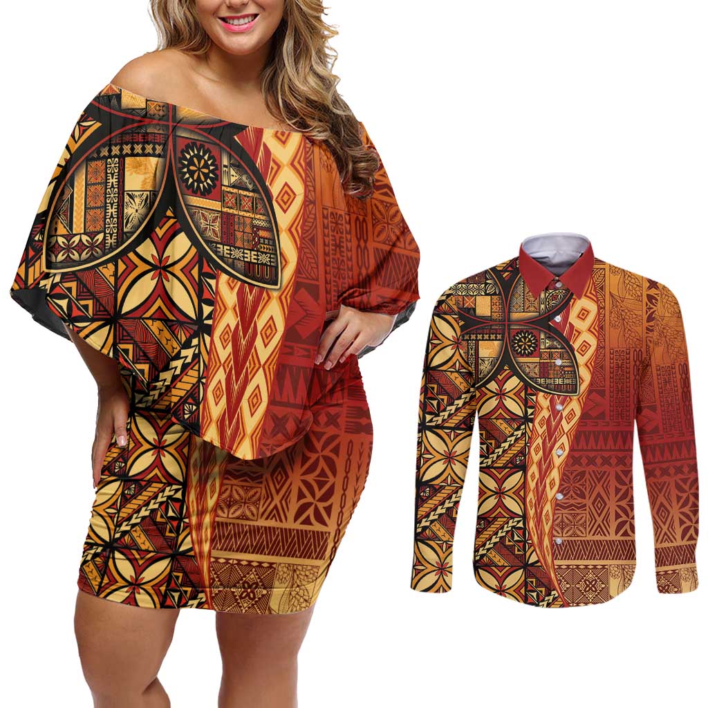 Samoan Pacific Tribal Flower Geometric Art Tattoos Couples Matching Off Shoulder Short Dress and Long Sleeve Button Shirt Siapo Pattern Flame Sunset - Polynesian Pride