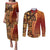 Samoan Pacific Tribal Flower Geometric Art Tattoos Couples Matching Puletasi and Long Sleeve Button Shirt Siapo Pattern Flame Sunset - Polynesian Pride