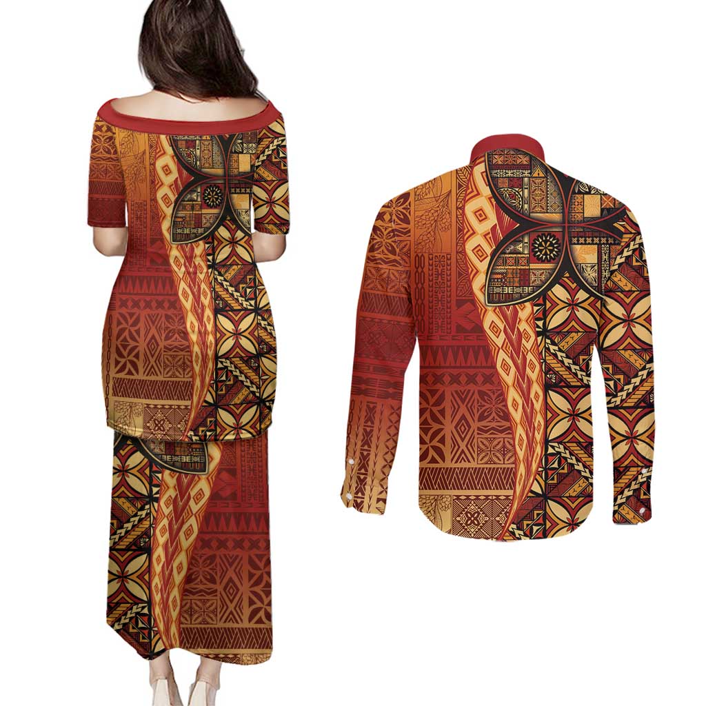Samoan Pacific Tribal Flower Geometric Art Tattoos Couples Matching Puletasi and Long Sleeve Button Shirt Siapo Pattern Flame Sunset - Polynesian Pride