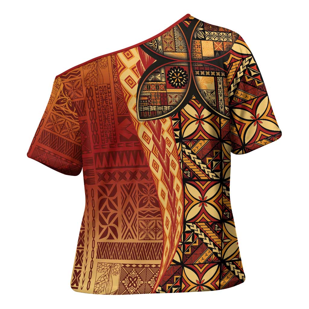 Samoan Pacific Tribal Flower Geometric Art Tattoos Cross Shoulder Shirt Siapo Pattern Flame Sunset - Polynesian Pride