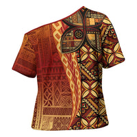 Samoan Pacific Tribal Flower Geometric Art Tattoos Cross Shoulder Shirt Siapo Pattern Flame Sunset - Polynesian Pride