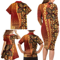 Samoan Pacific Tribal Flower Geometric Art Tattoos Family Matching Long Sleeve Bodycon Dress and Hawaiian Shirt Siapo Pattern Flame Sunset - Polynesian Pride