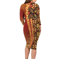 Samoan Pacific Tribal Flower Geometric Art Tattoos Family Matching Long Sleeve Bodycon Dress and Hawaiian Shirt Siapo Pattern Flame Sunset - Polynesian Pride