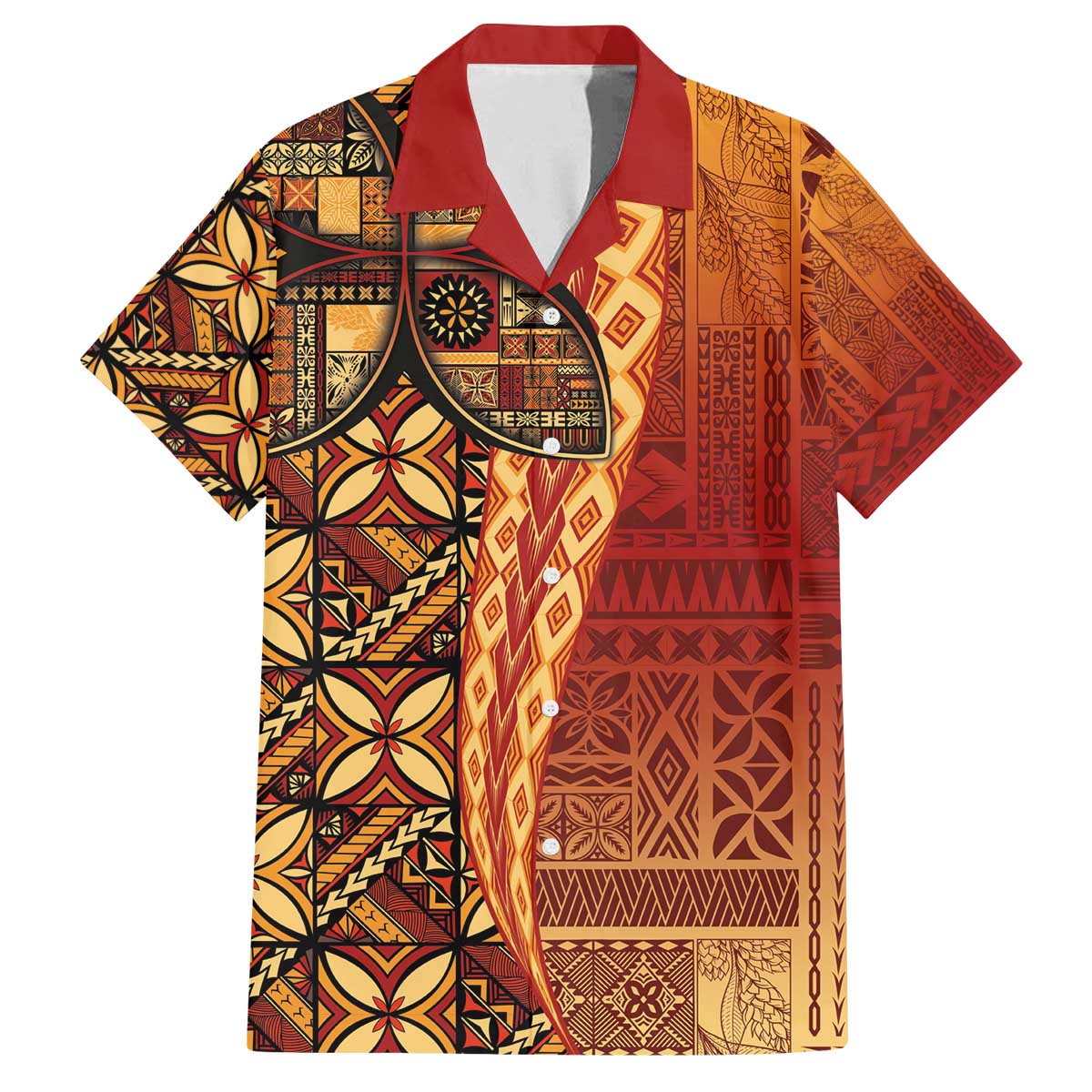 Samoan Pacific Tribal Flower Geometric Art Tattoos Family Matching Off The Shoulder Long Sleeve Dress and Hawaiian Shirt Siapo Pattern Flame Sunset - Polynesian Pride