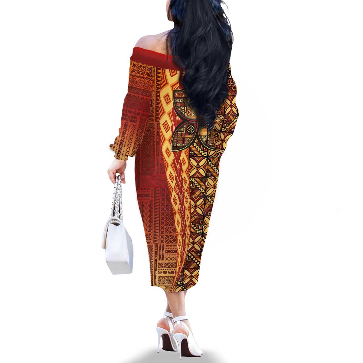 Samoan Pacific Tribal Flower Geometric Art Tattoos Family Matching Off The Shoulder Long Sleeve Dress and Hawaiian Shirt Siapo Pattern Flame Sunset - Polynesian Pride