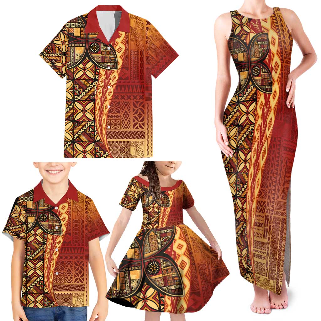 Samoan Pacific Tribal Flower Geometric Art Tattoos Family Matching Tank Maxi Dress and Hawaiian Shirt Siapo Pattern Flame Sunset - Polynesian Pride