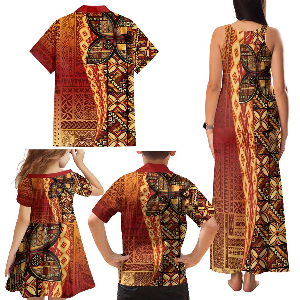 Samoan Pacific Tribal Flower Geometric Art Tattoos Family Matching Tank Maxi Dress and Hawaiian Shirt Siapo Pattern Flame Sunset - Polynesian Pride