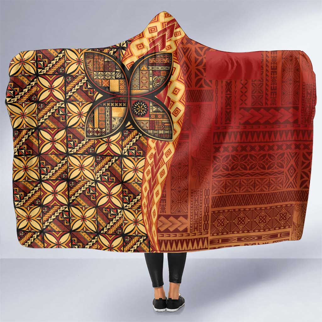 Samoan Pacific Tribal Flower Geometric Art Tattoos Hooded Blanket Siapo Pattern Flame Sunset LT03 One Size Red - Polynesian Pride