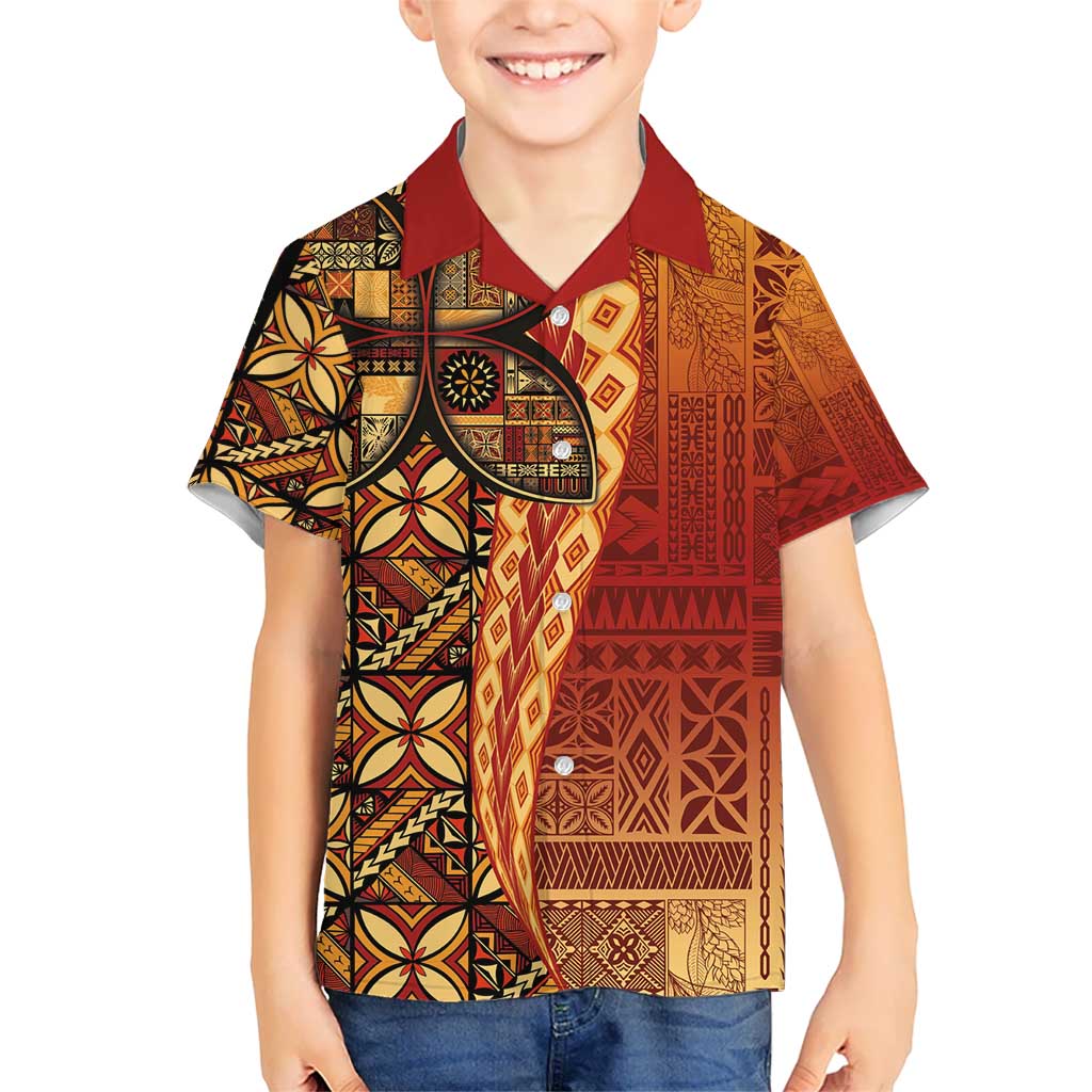 Samoan Pacific Tribal Flower Geometric Art Tattoos Kid Hawaiian Shirt Siapo Pattern Flame Sunset LT03 Kid Red - Polynesian Pride