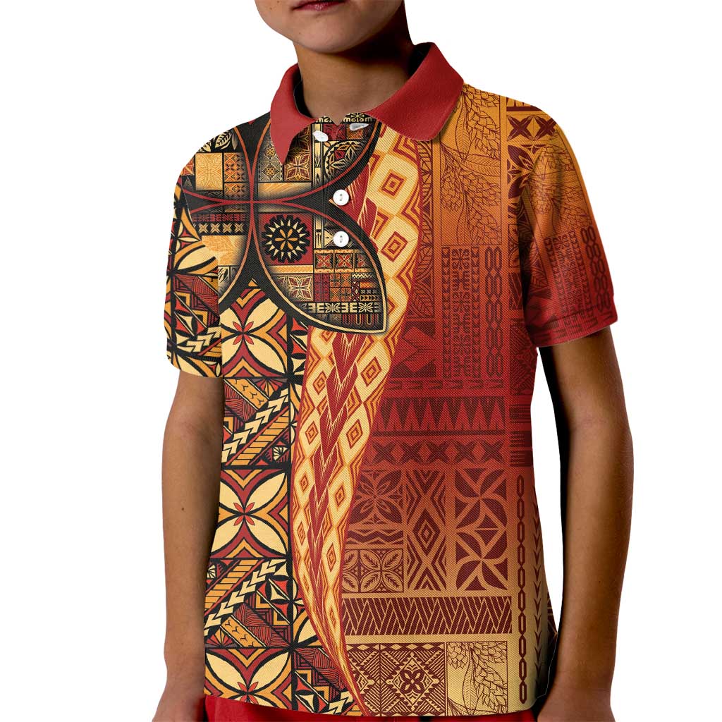 Samoan Pacific Tribal Flower Geometric Art Tattoos Kid Polo Shirt Siapo Pattern Flame Sunset LT03 Kid Red - Polynesian Pride