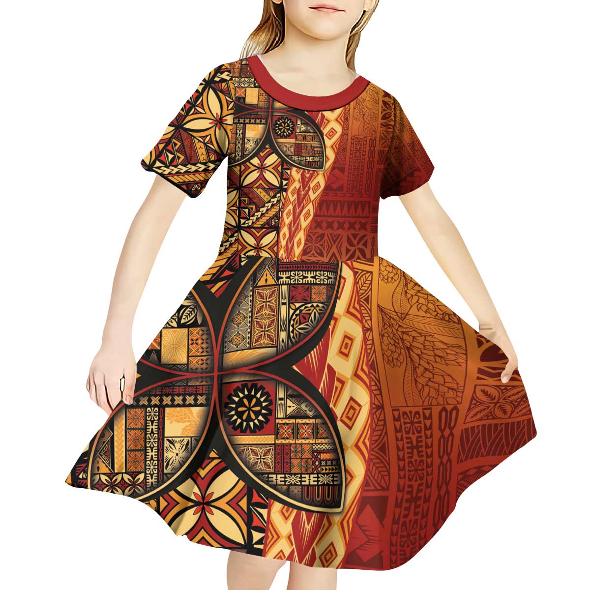 Samoan Pacific Tribal Flower Geometric Art Tattoos Kid Short Sleeve Dress Siapo Pattern Flame Sunset - Polynesian Pride