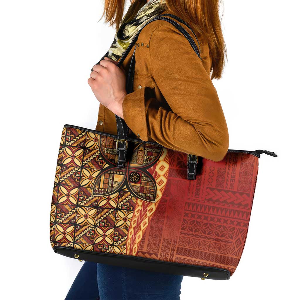 Samoan Pacific Tribal Flower Geometric Art Tattoos Leather Tote Bag Siapo Pattern Flame Sunset LT03 Red - Polynesian Pride