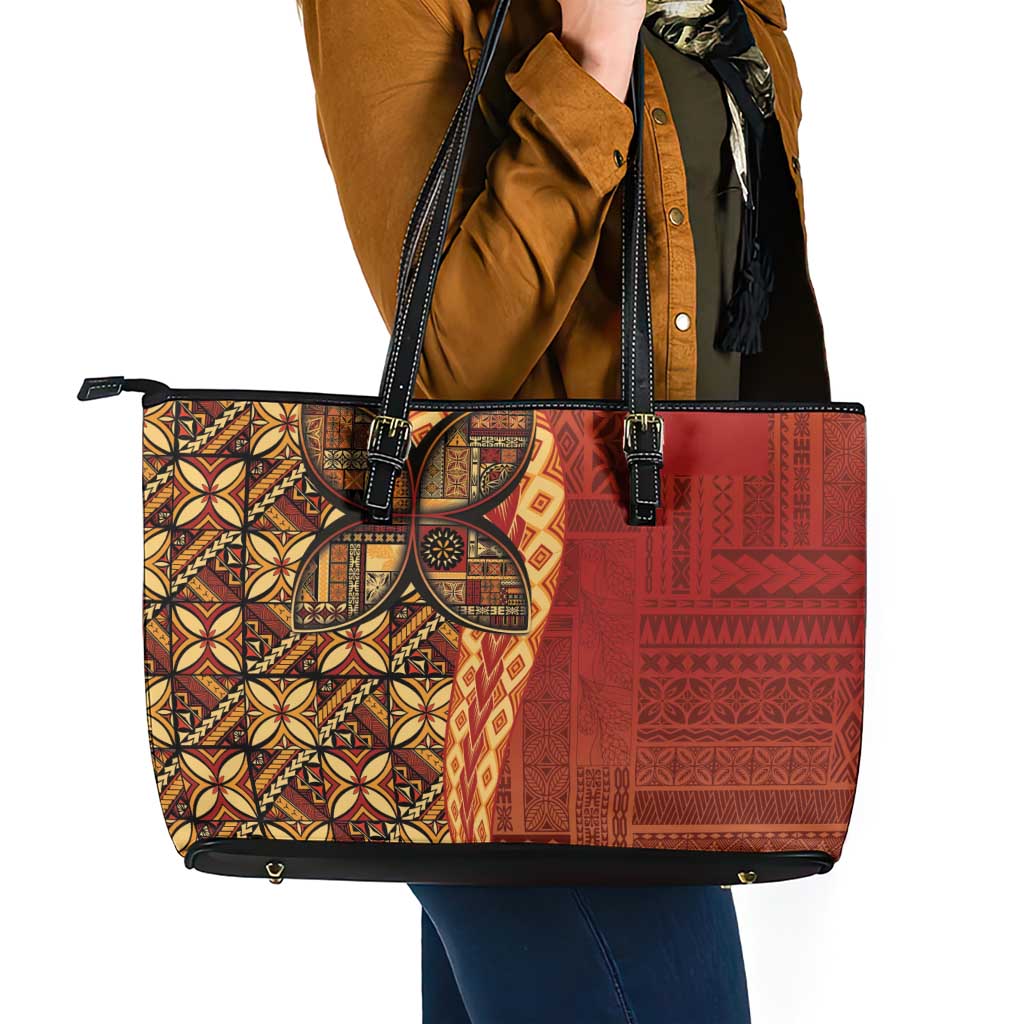Samoan Pacific Tribal Flower Geometric Art Tattoos Leather Tote Bag Siapo Pattern Flame Sunset LT03 - Polynesian Pride