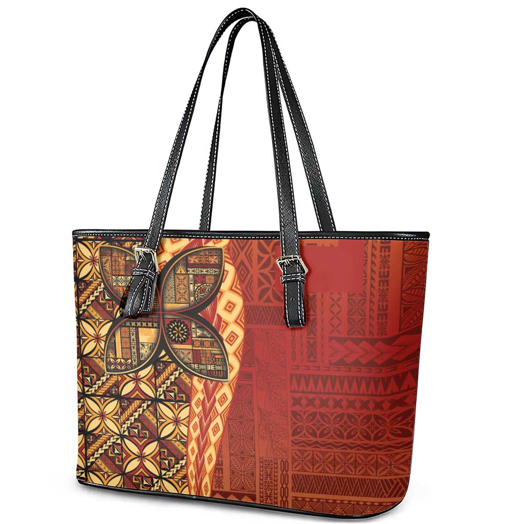 Samoan Pacific Tribal Flower Geometric Art Tattoos Leather Tote Bag Siapo Pattern Flame Sunset LT03 - Polynesian Pride