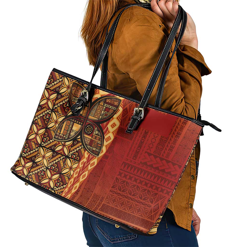 Samoan Pacific Tribal Flower Geometric Art Tattoos Leather Tote Bag Siapo Pattern Flame Sunset LT03 - Polynesian Pride