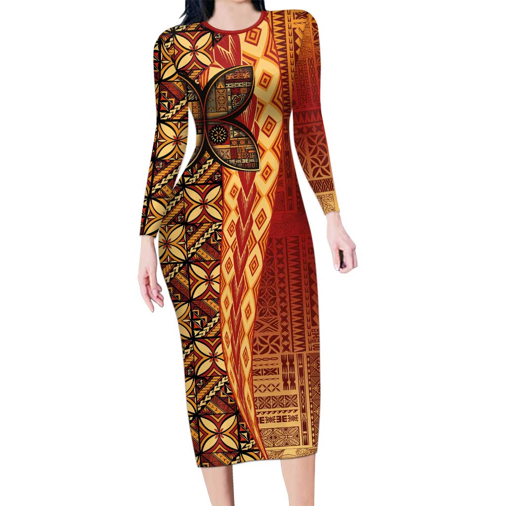Samoan Pacific Tribal Flower Geometric Art Tattoos Long Sleeve Bodycon Dress Siapo Pattern Flame Sunset - Polynesian Pride